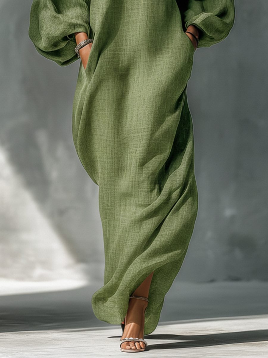 Cold-Shoulder Maxi Dress with Puff Sleeves and Side Pockets for Women - View 5