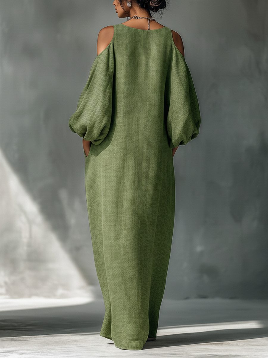 Cold-Shoulder Maxi Dress with Puff Sleeves and Side Pockets for Women - View 6