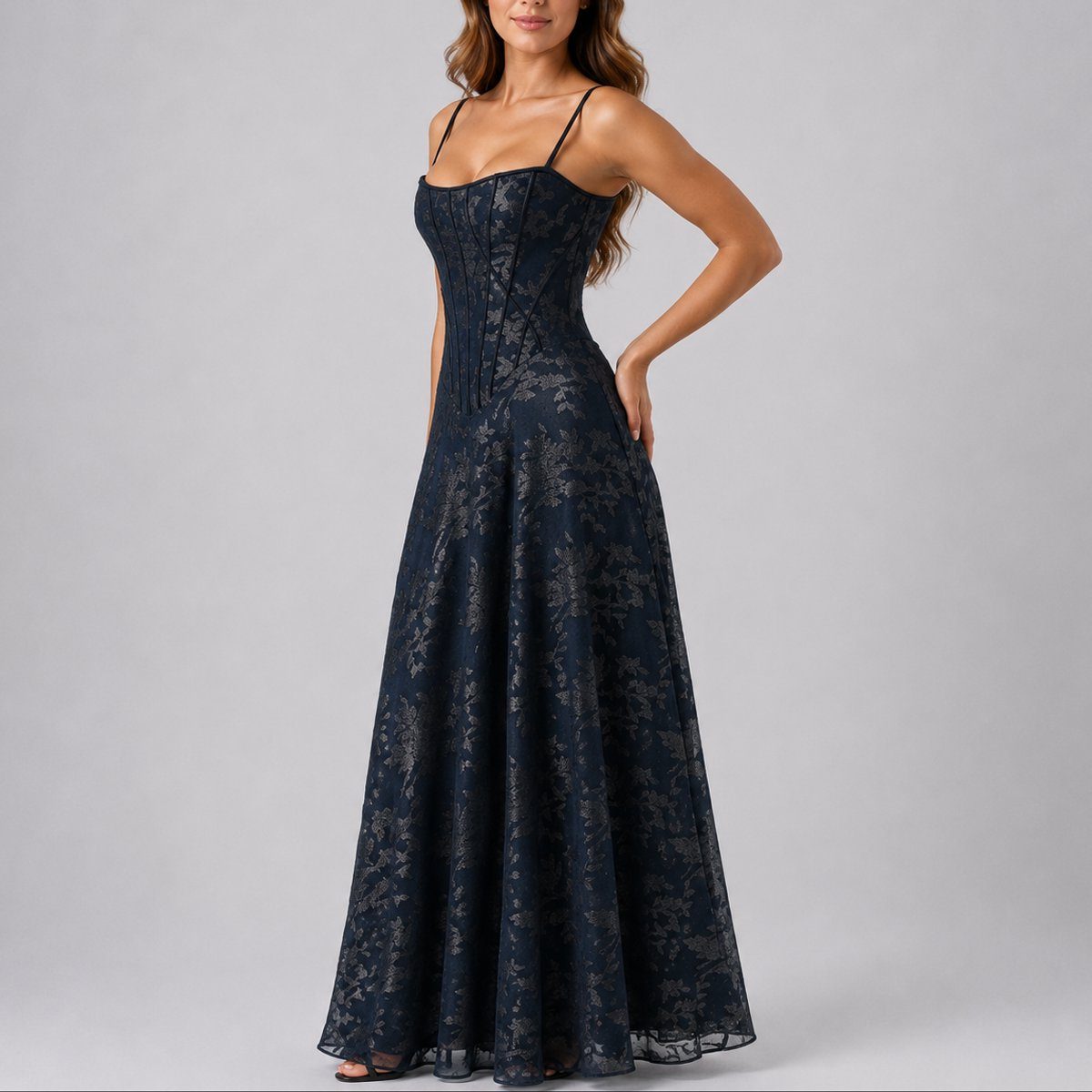 Corset Floral Autumn Wedding Guest Maxi Dress for Women - Navy