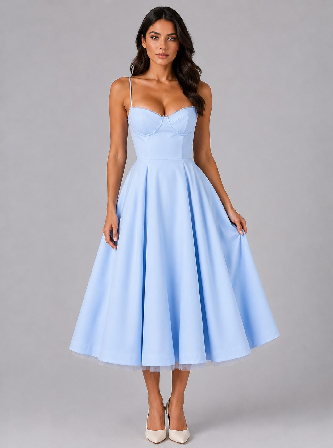 Corset Midi Dress with Full Skirt for Women - Light Blue