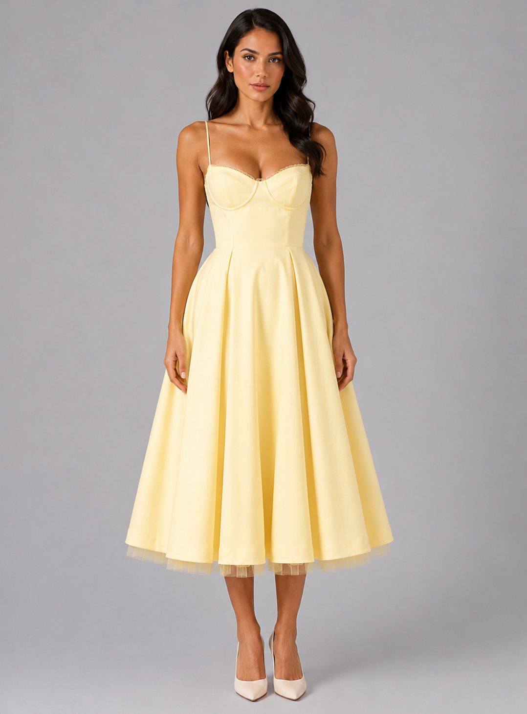 Corset Midi Dress with Full Skirt for Women - Yellow