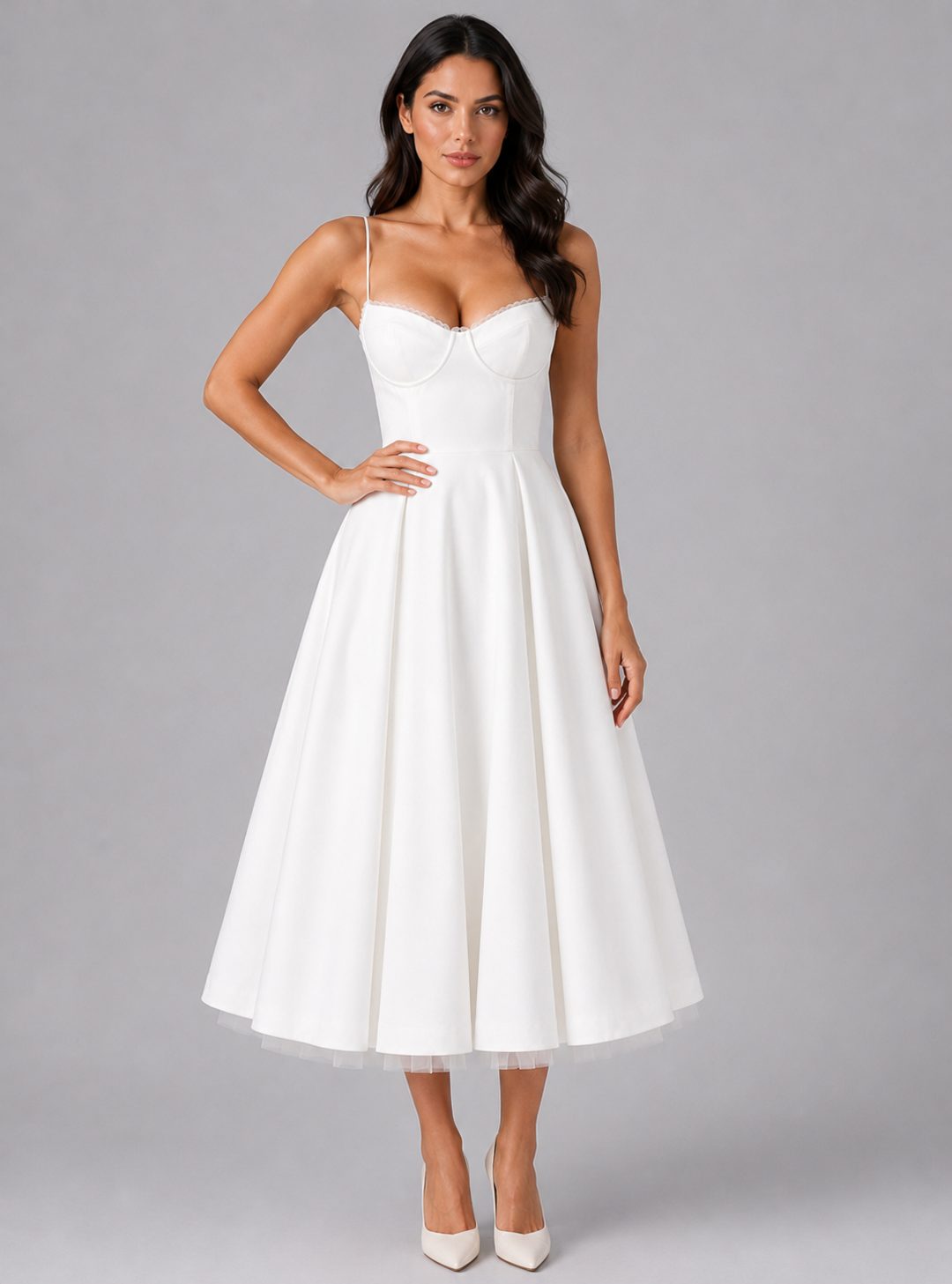 Corset Midi Dress with Full Skirt for Women - White