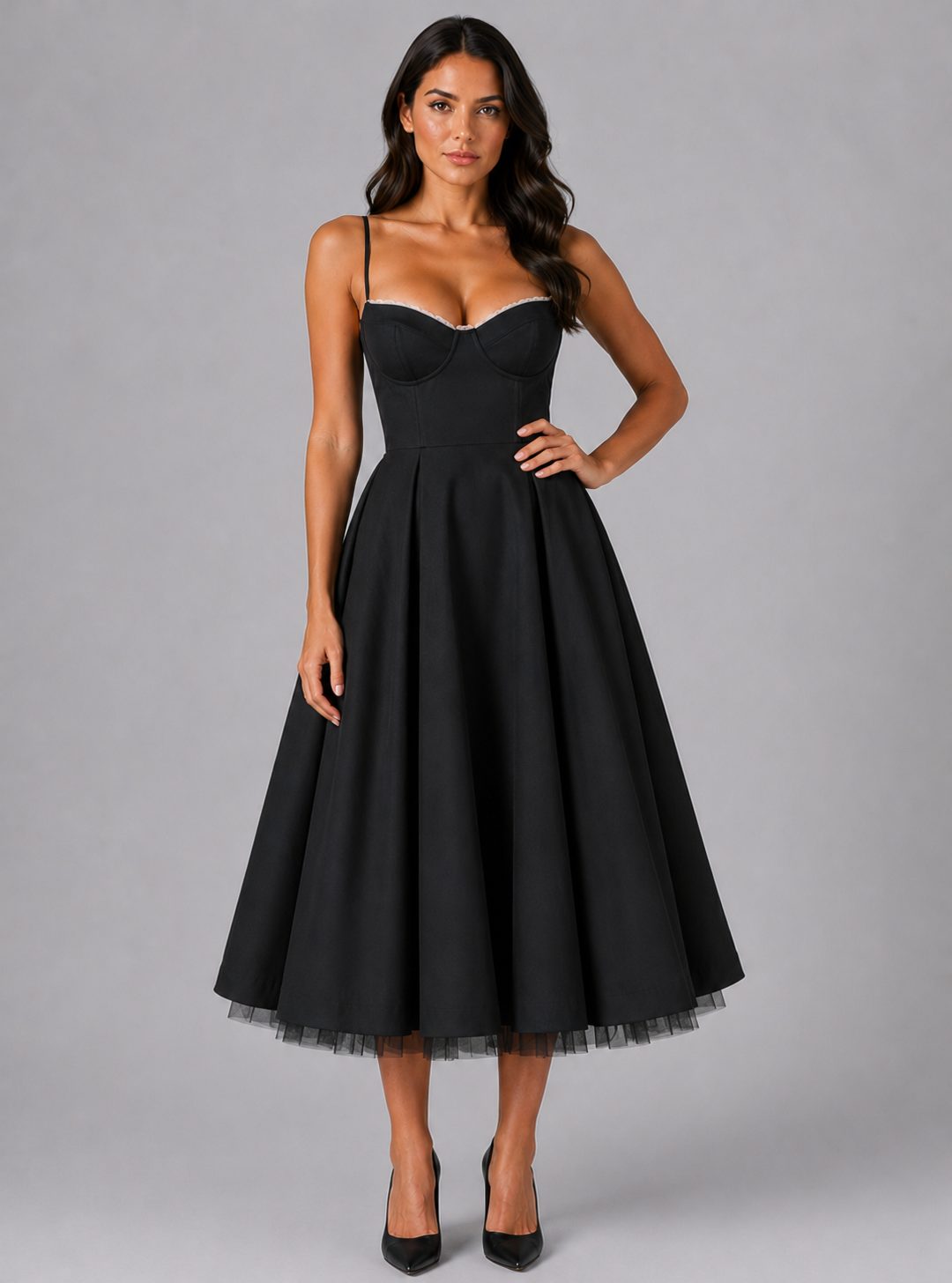 Corset Midi Dress with Full Skirt for Women - Black