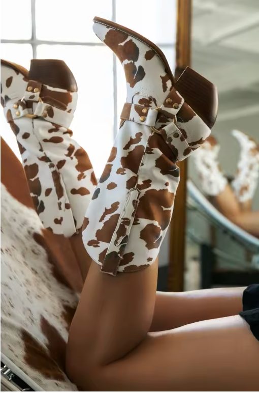Cow-Print Block Heel Cowboy Boots for Women - Brown