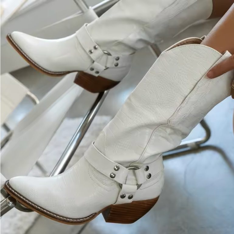 Cow-Print Block Heel Cowboy Boots for Women - White