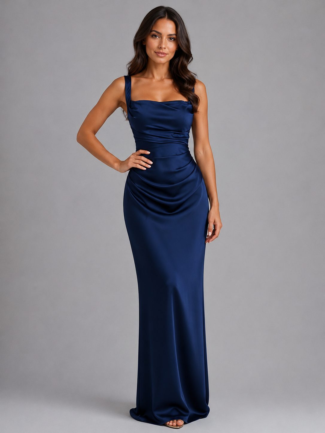 Cowl Neck Ruched Maxi Dress for Women - Navy