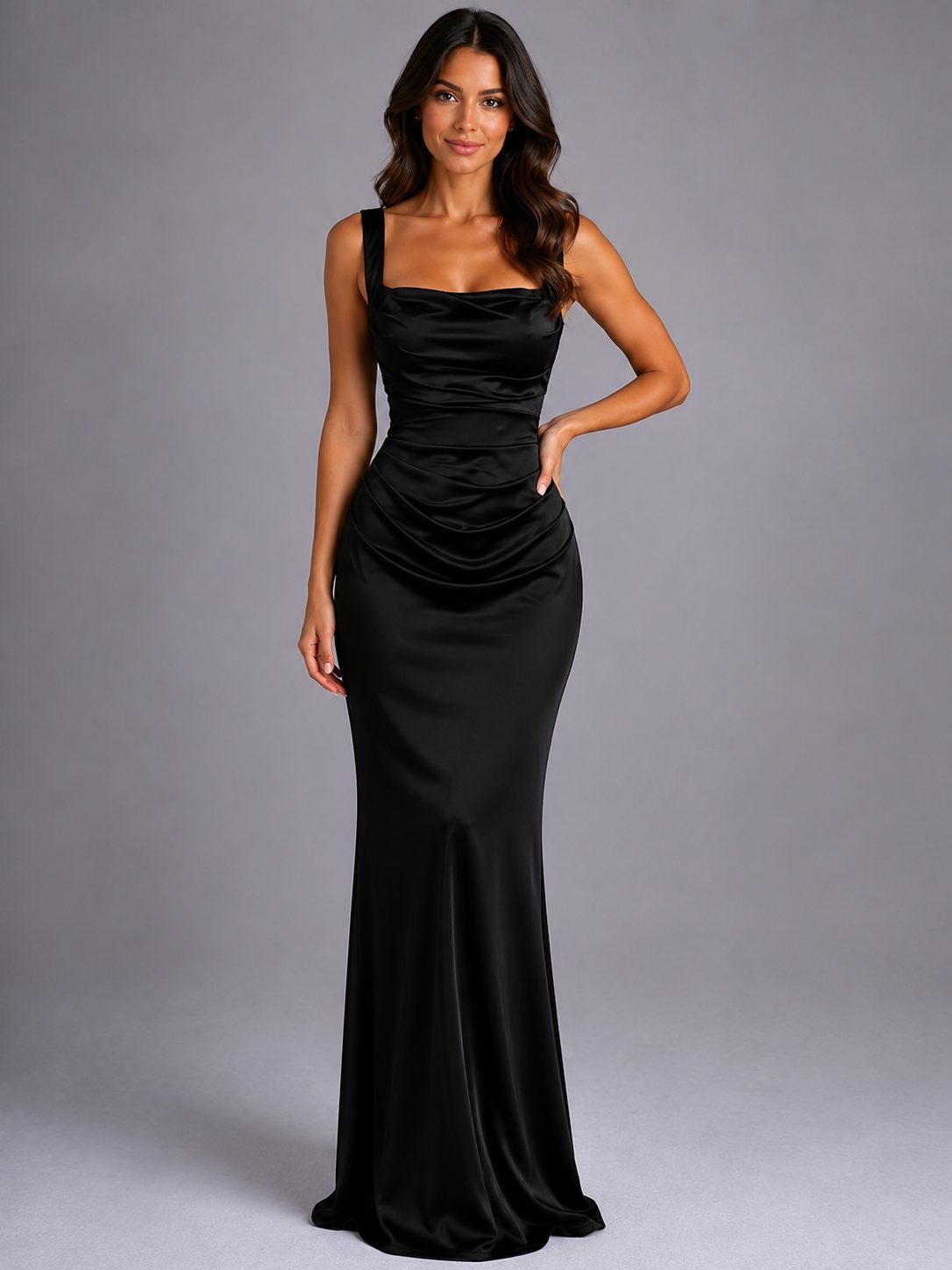 Cowl Neck Ruched Maxi Dress for Women - Black