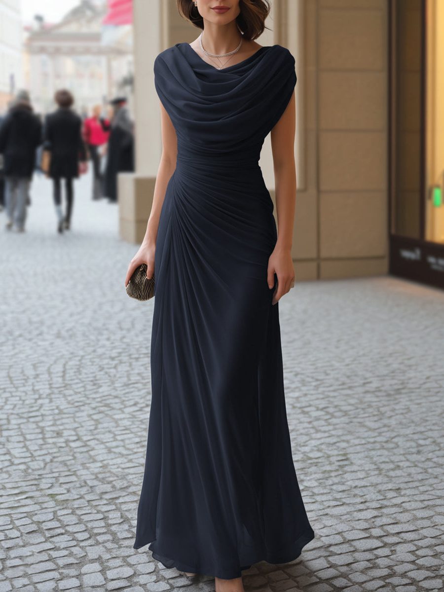Cowl Neck Ruched Wedding Guest Maxi Dress for Women - Navy Blue