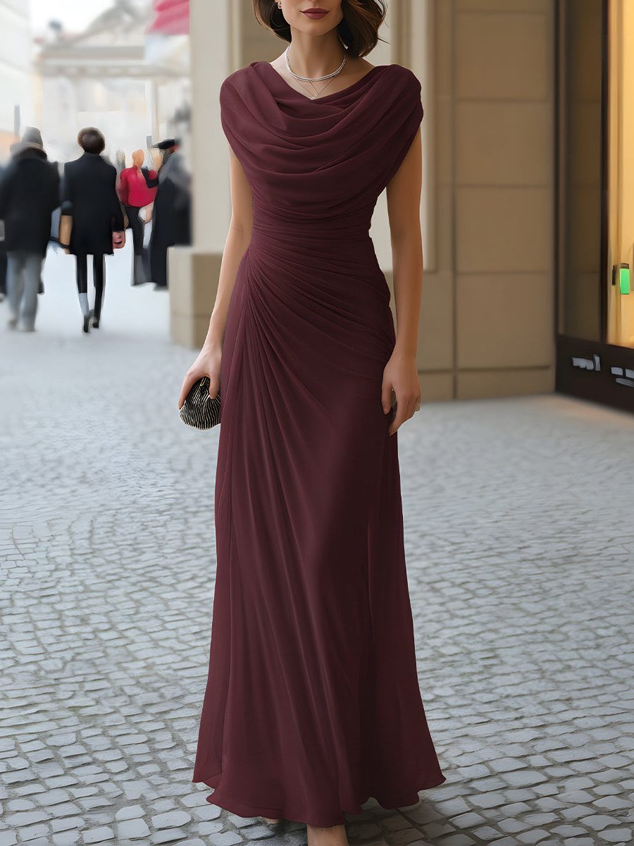 Cowl Neck Ruched Wedding Guest Maxi Dress for Women - Burgundy