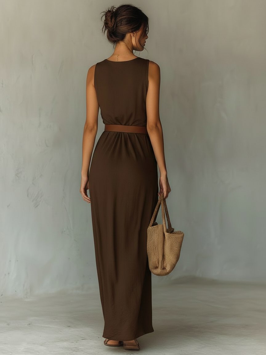 Cowl Neck Sleeveless Belted Maxi Dress for Women