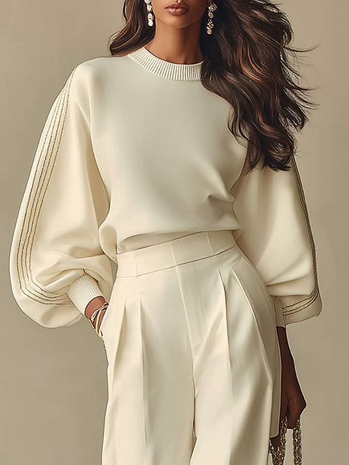 Crew Neck Ribbed Knit Pleated Wide Leg Set for Women