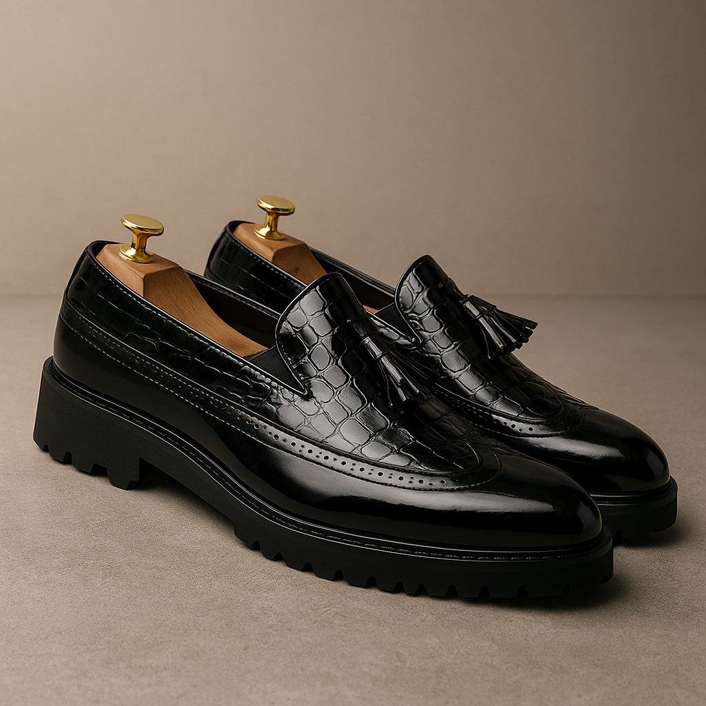 Croc-Embossed Tassel Loafers with Lug Sole for Men - View 2