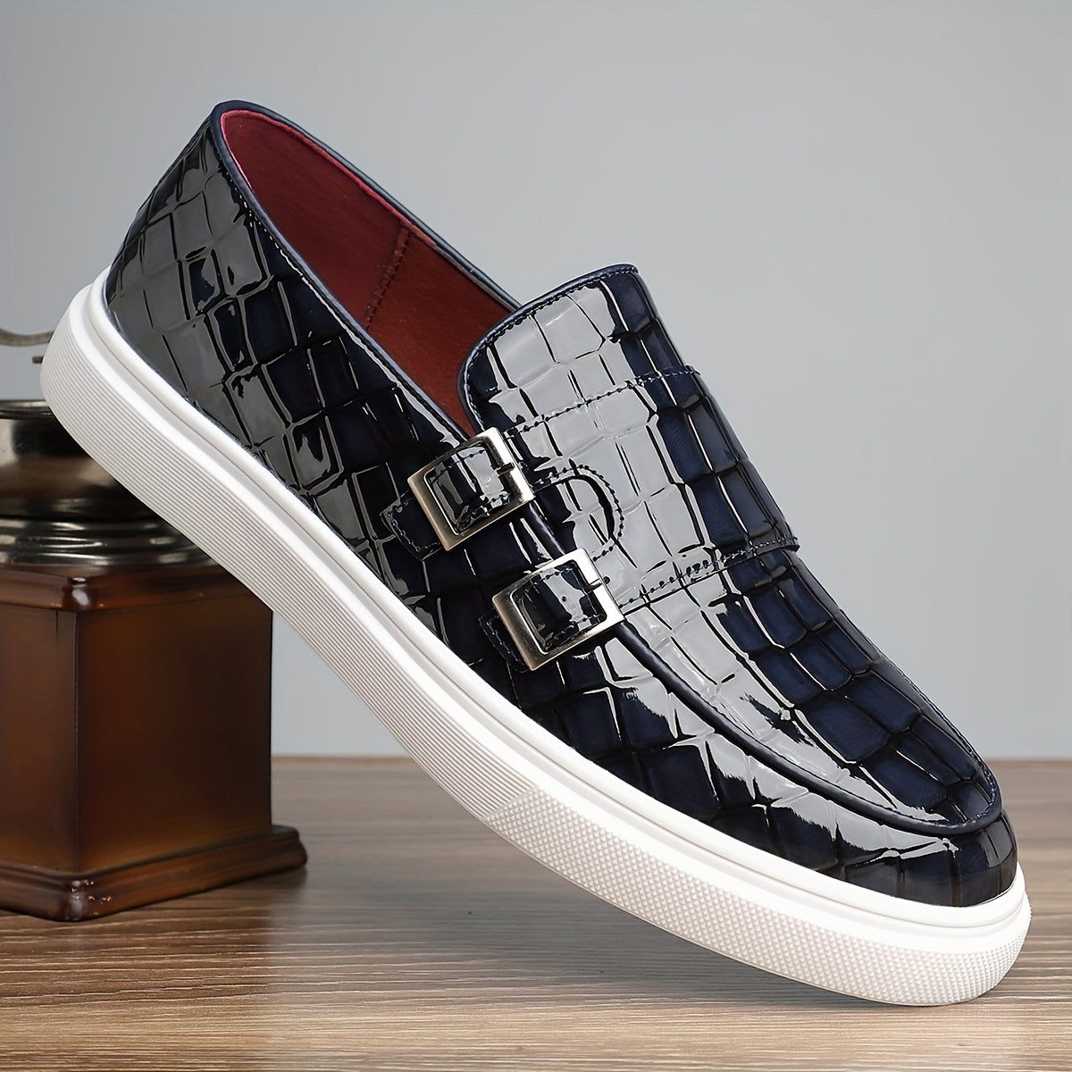 Crocodile Embossed Buckle Slip-On Loafers for Men - Blue