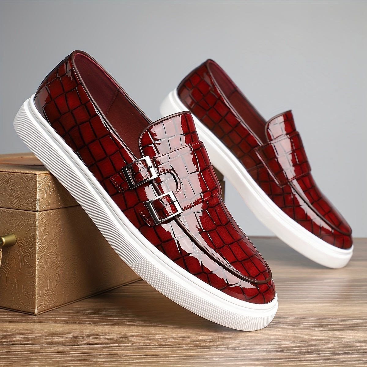 Crocodile Embossed Buckle Slip-On Loafers for Men - View 9