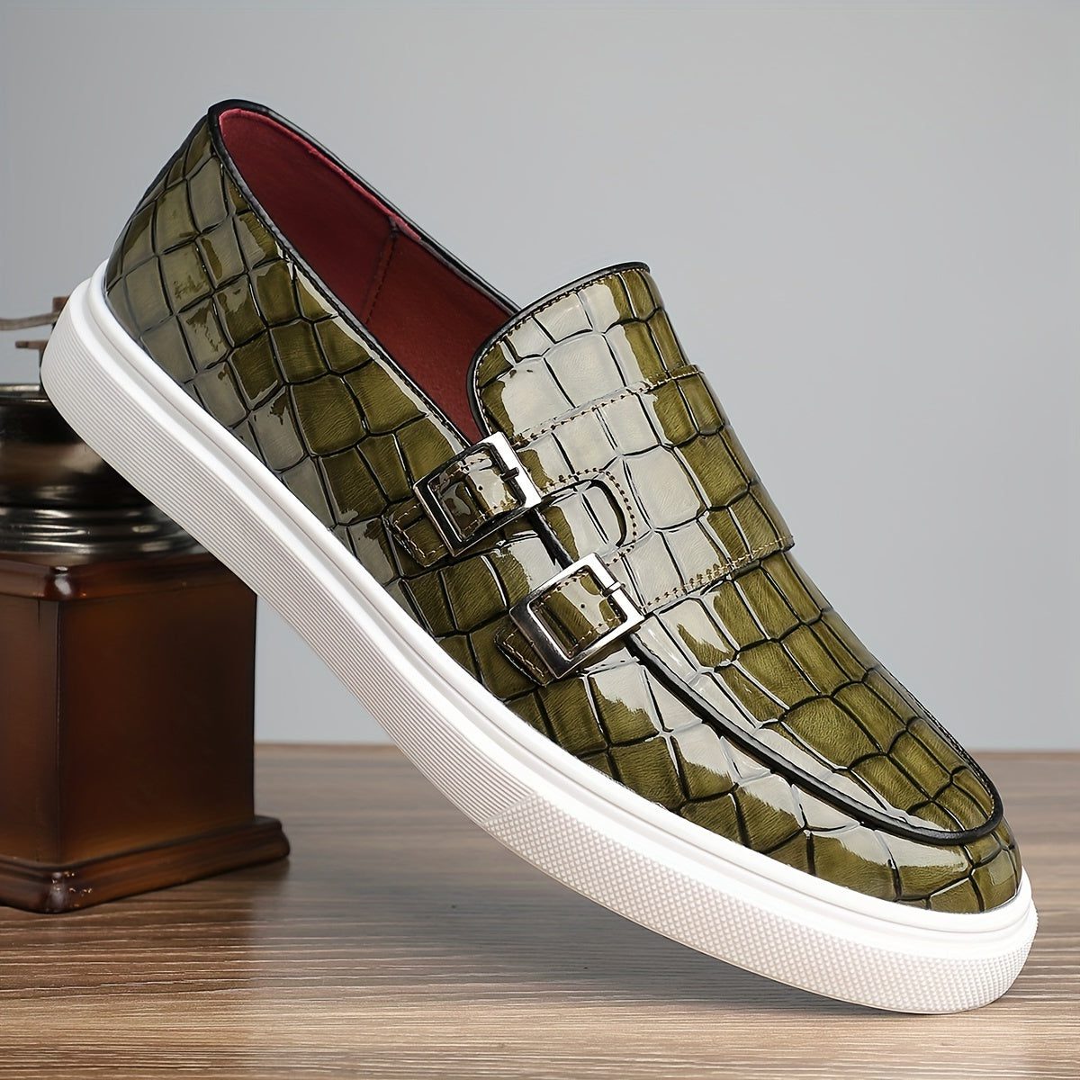 Crocodile Embossed Buckle Slip-On Loafers for Men - Green