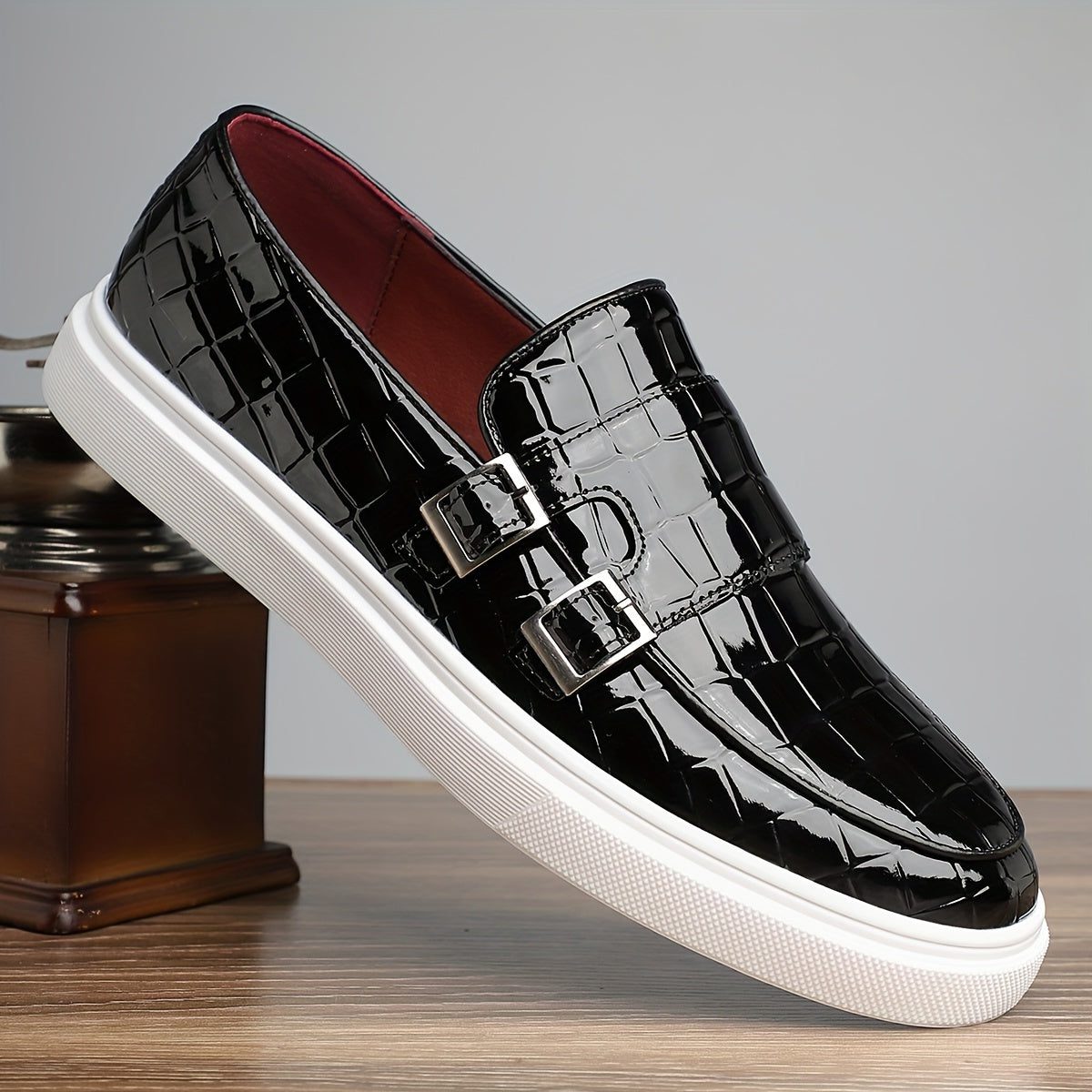 Crocodile Embossed Buckle Slip-On Loafers for Men - Black