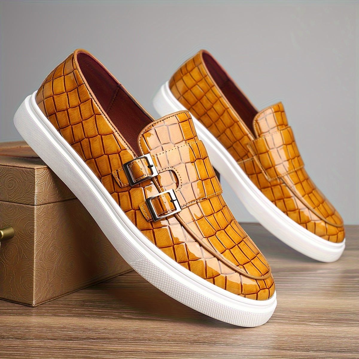 Crocodile Embossed Buckle Slip-On Loafers for Men - Yellow