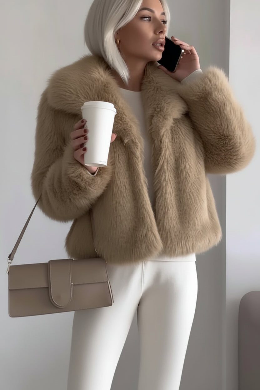 Cropped Faux Fur Coat for Women - Tan