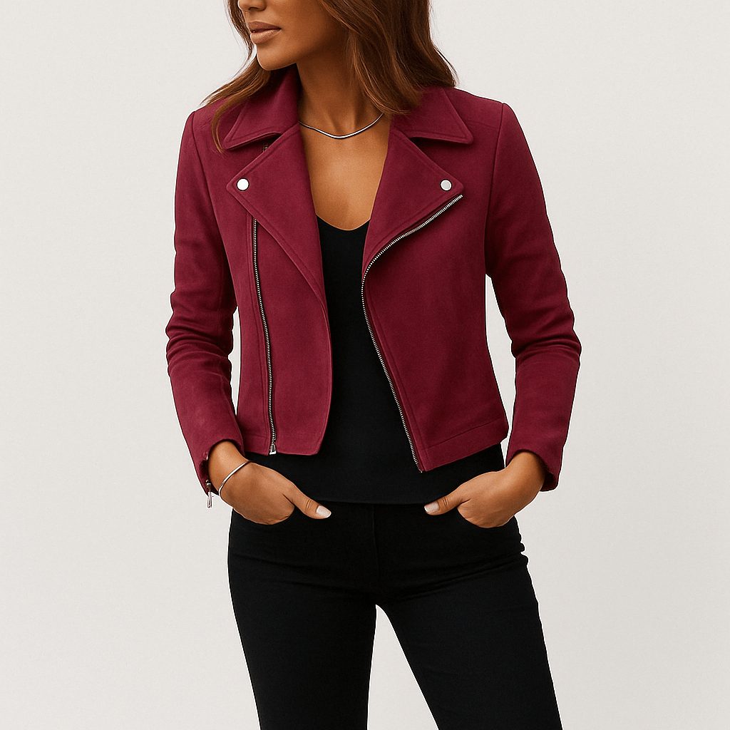 Cropped Faux Suede Biker Jacket for Women - View 9