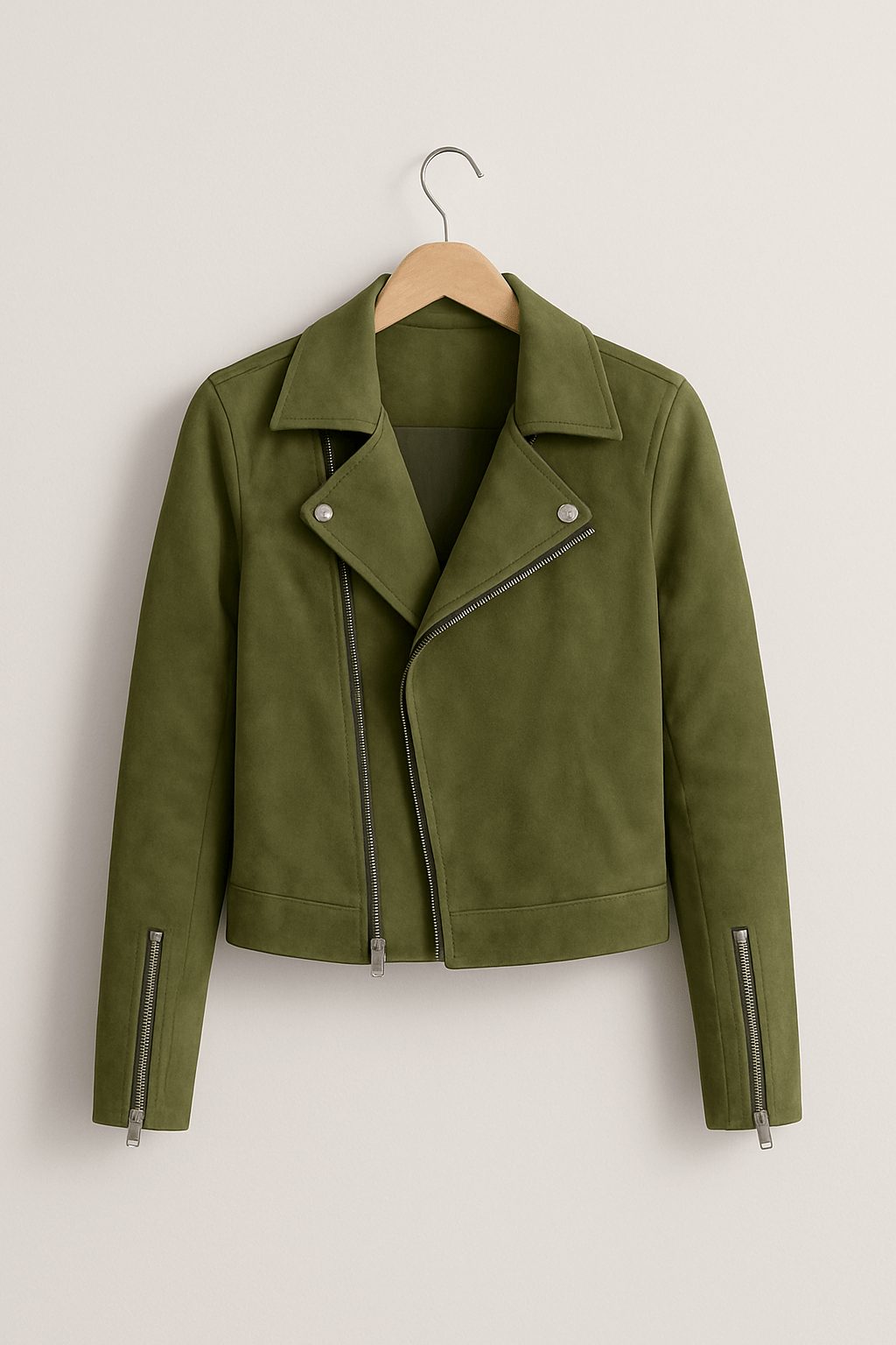 Cropped Faux Suede Biker Jacket for Women - Green