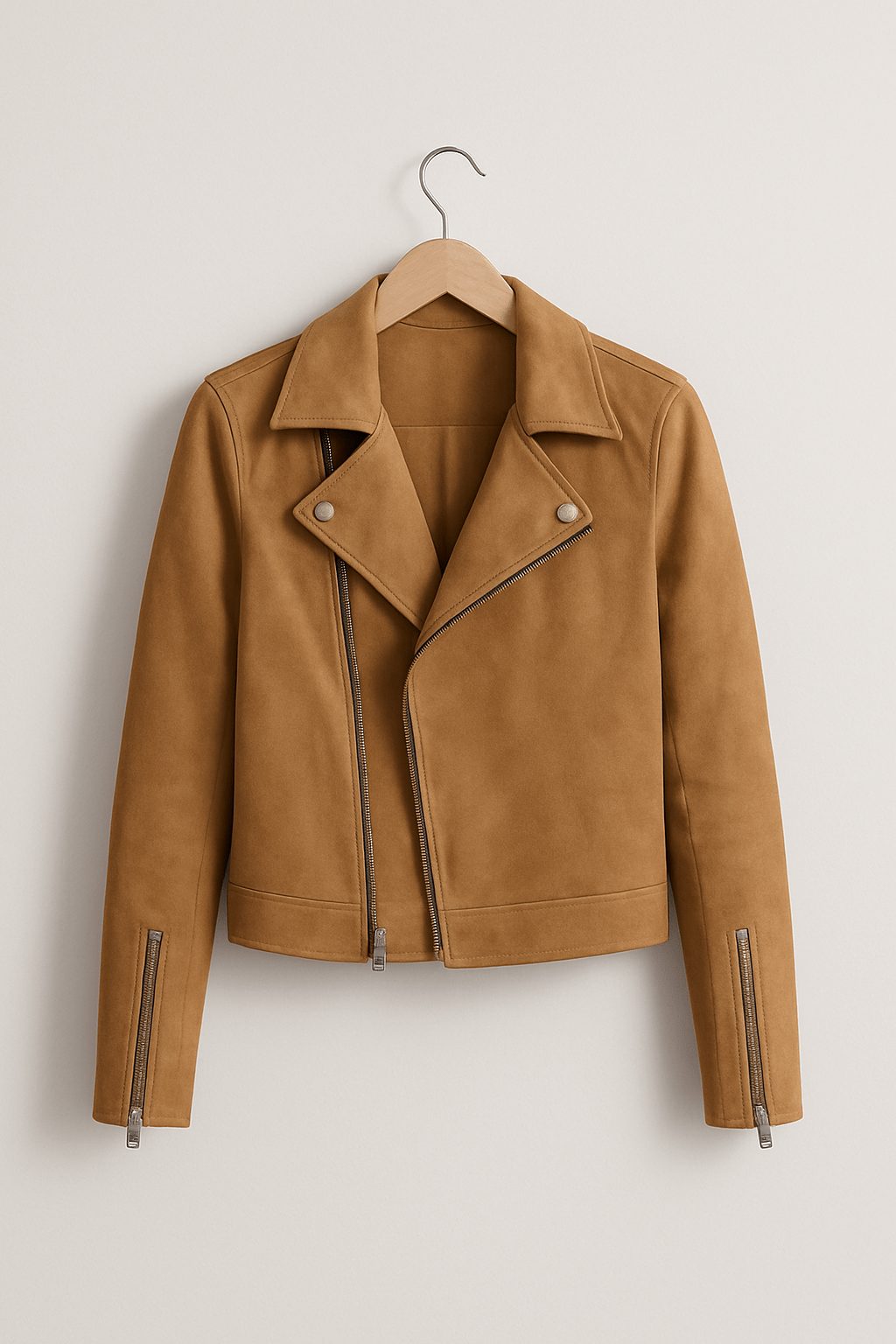 Cropped Faux Suede Biker Jacket for Women - Beige