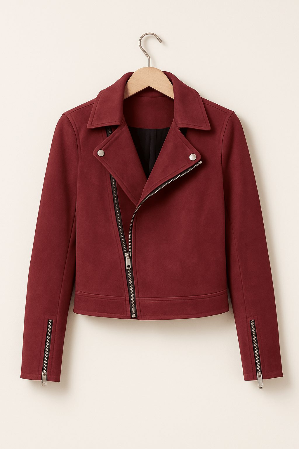 Cropped Faux Suede Biker Jacket for Women - Red