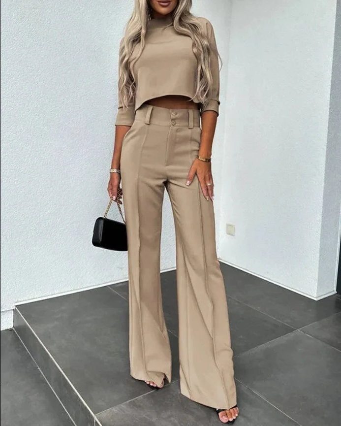 Cropped Long Sleeve Top and Wide Leg Trousers Set for Women - Beige