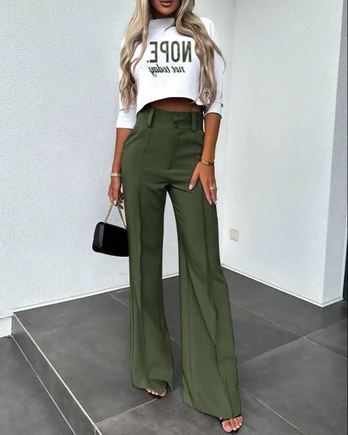 Cropped Long Sleeve Top and Wide Leg Trousers Set for Women - View 11