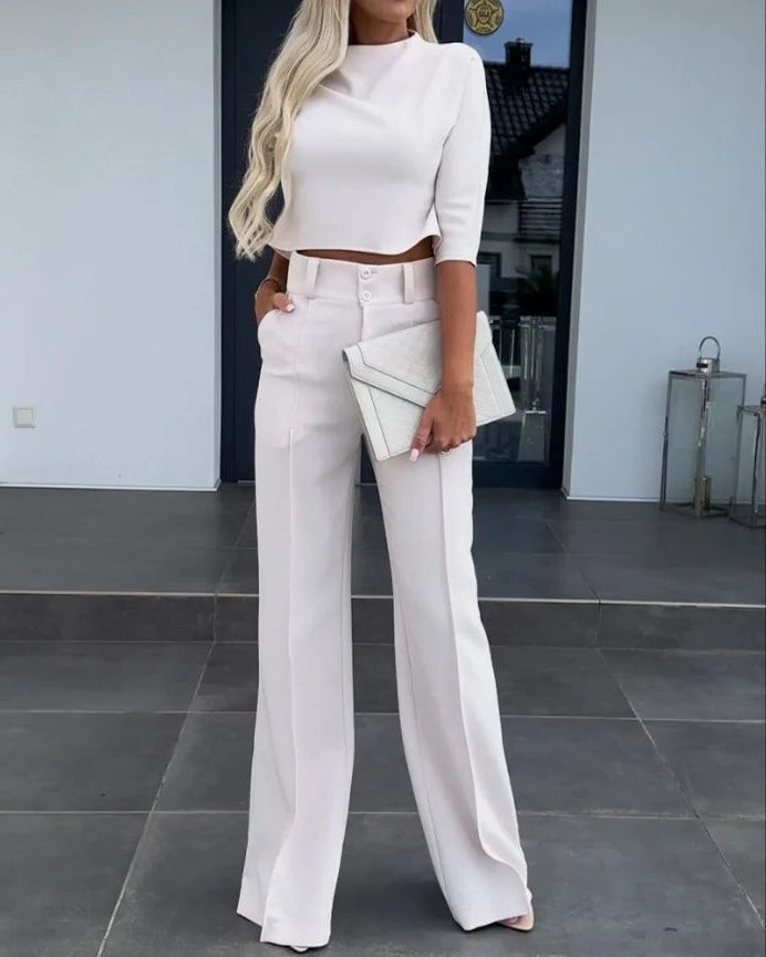 Cropped Long Sleeve Top and Wide Leg Trousers Set for Women - White