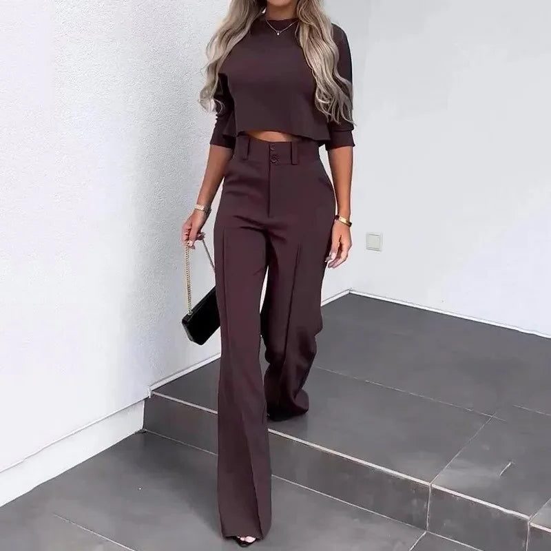 Cropped Long Sleeve Top and Wide Leg Trousers Set for Women - Chocolate