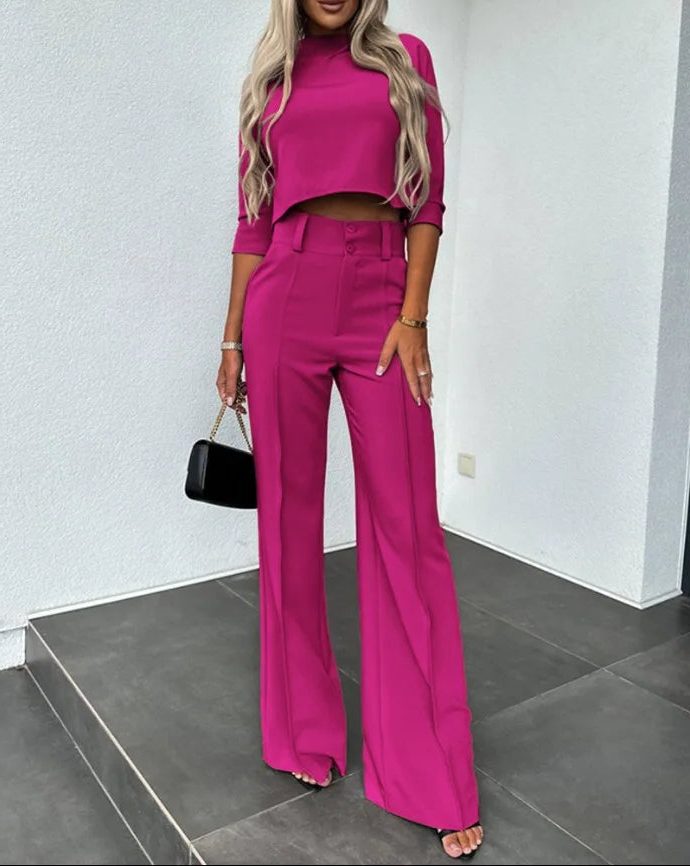 Cropped Long Sleeve Top and Wide Leg Trousers Set for Women - Light Pink