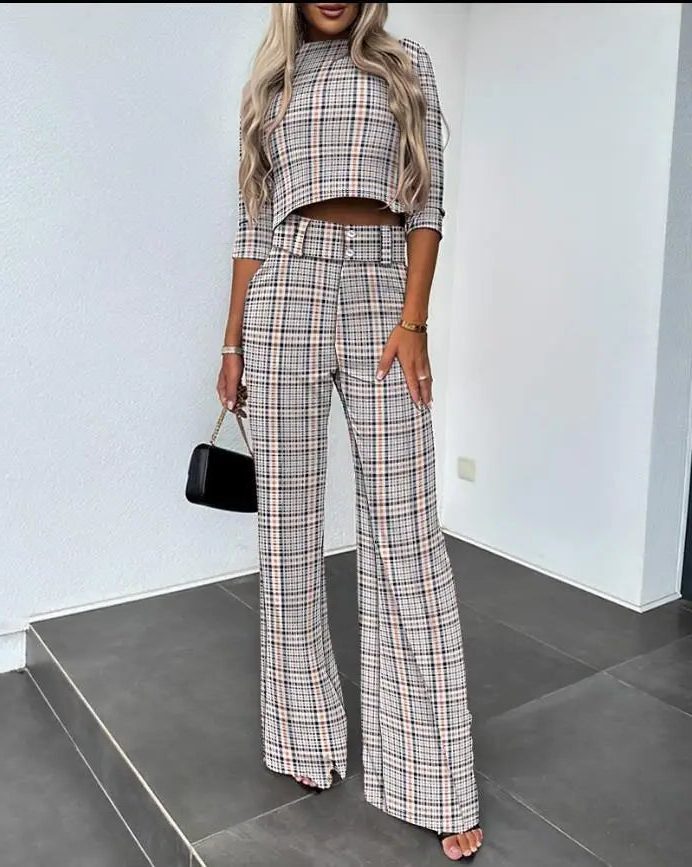 Cropped Long Sleeve Top and Wide Leg Trousers Set for Women - Check