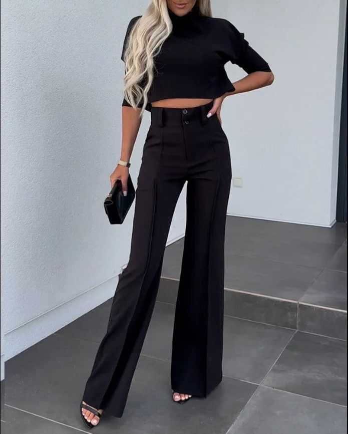 Cropped Long Sleeve Top and Wide Leg Trousers Set for Women - Black