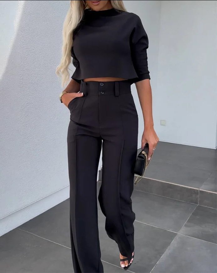 Cropped Long Sleeve Top and Wide Leg Trousers Set for Women - View 4