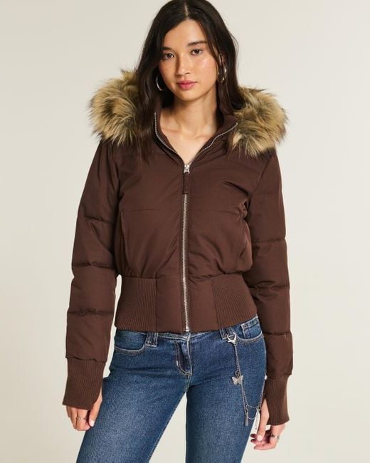 Cropped Puffer Jacket with Fur Collar for Women