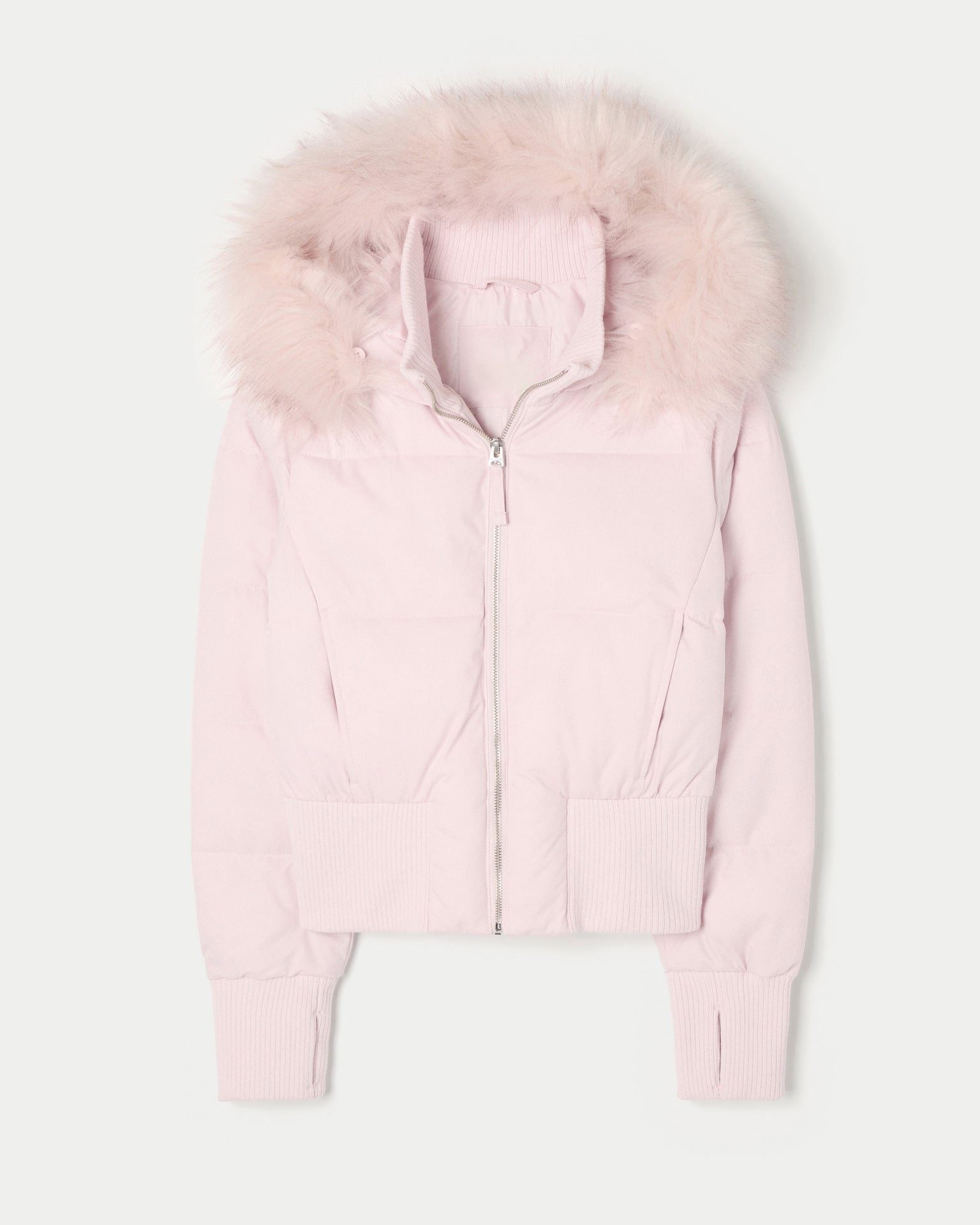 Cropped Puffer Jacket with Fur Collar for Women - Pink
