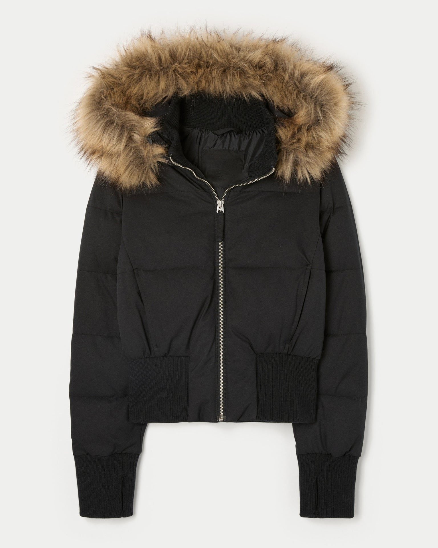 Cropped Puffer Jacket with Fur Collar for Women - Black