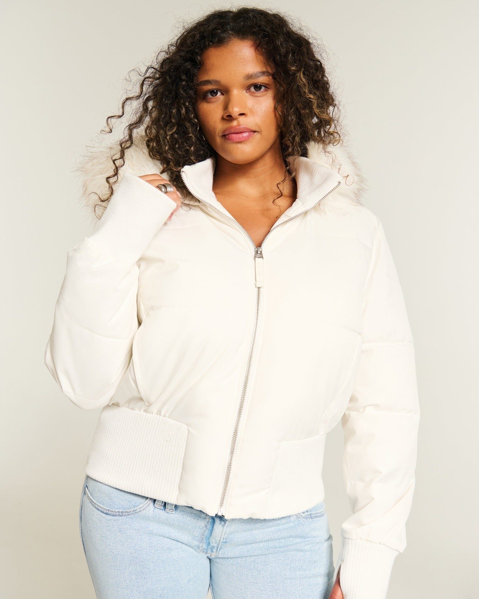 Cropped Puffer Jacket with Fur Collar for Women - White