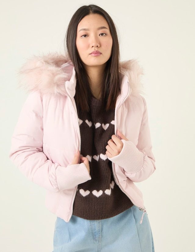 Cropped Puffer Jacket with Fur Collar for Women - View 2