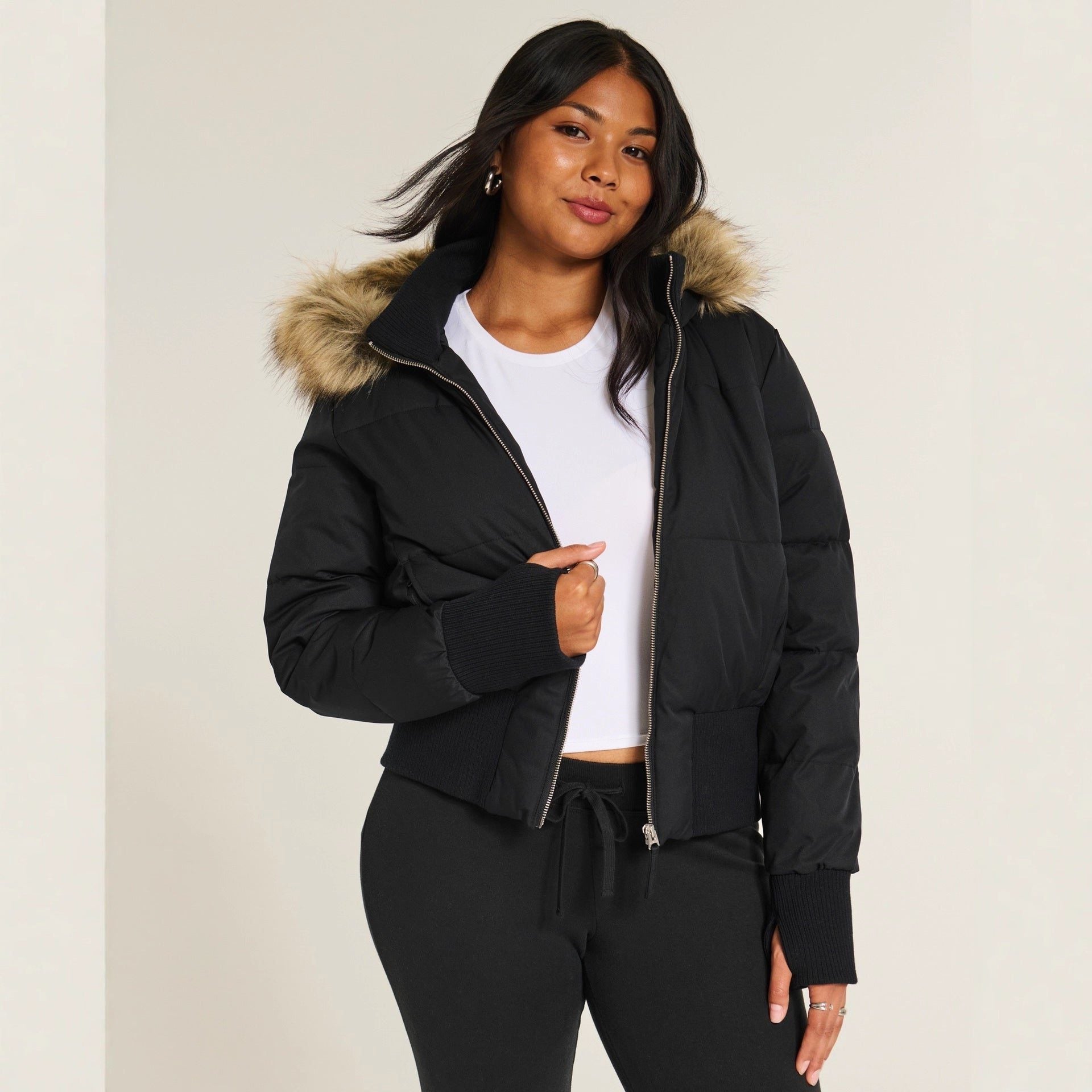 Cropped Puffer Jacket with Fur Collar for Women - View 4