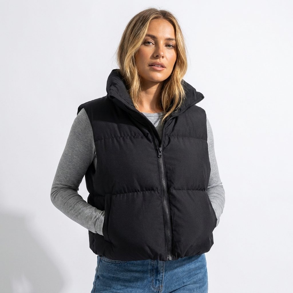Cropped Puffer Vest with Stand Collar for Women - View 2