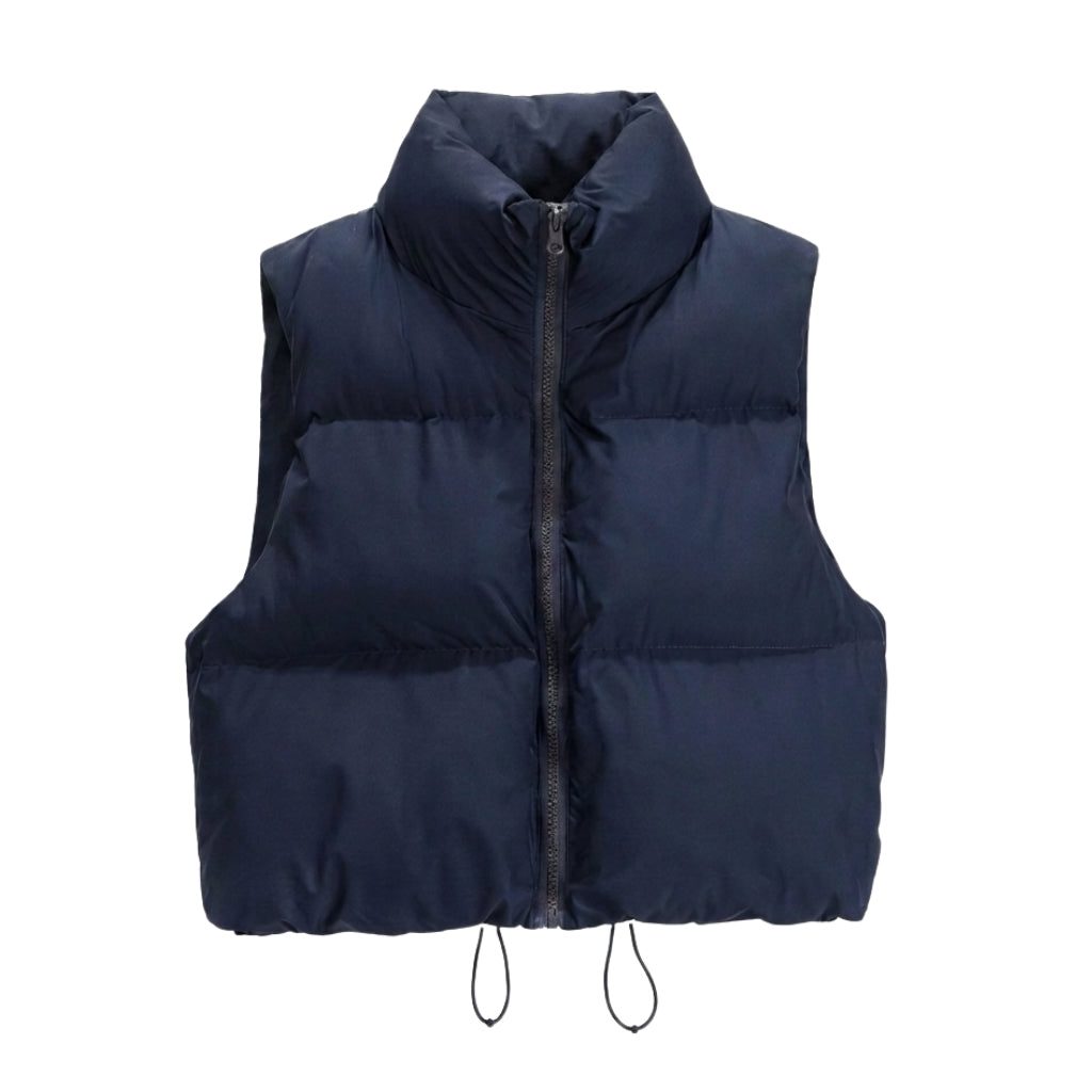 Cropped Puffer Vest with Stand Collar for Women - Navy blue