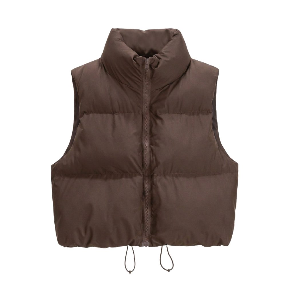 Cropped Puffer Vest with Stand Collar for Women - Brown