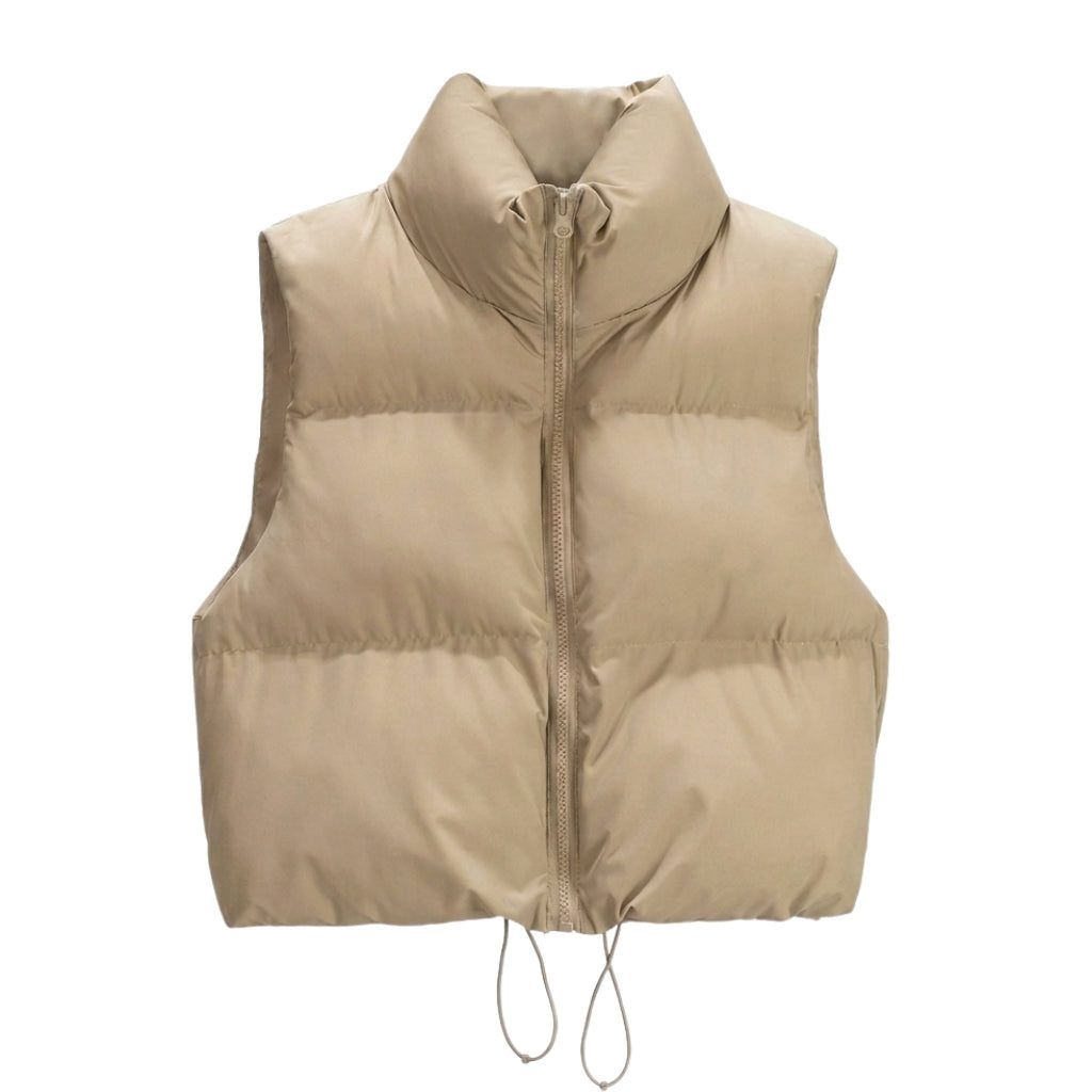 Cropped Puffer Vest with Stand Collar for Women - Khaki