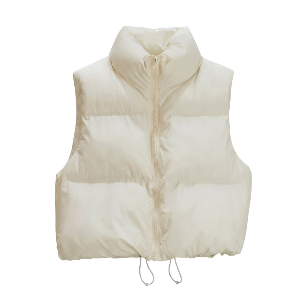 Cropped Puffer Vest with Stand Collar for Women - Beige