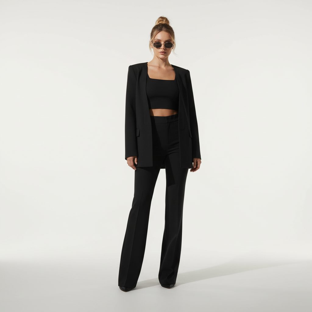 Cropped Zip-Up Blazer and High Waist Wide Leg Trousers Set for Women - Black