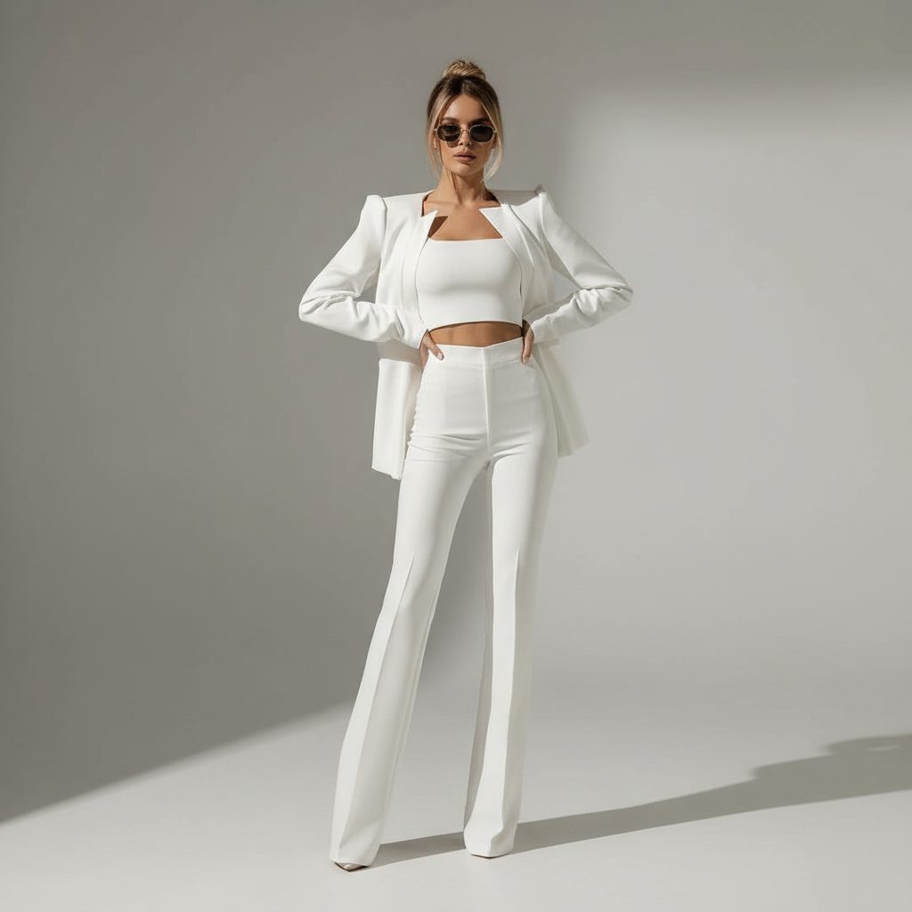 Cropped Zip-Up Blazer and High Waist Wide Leg Trousers Set for Women - View 2