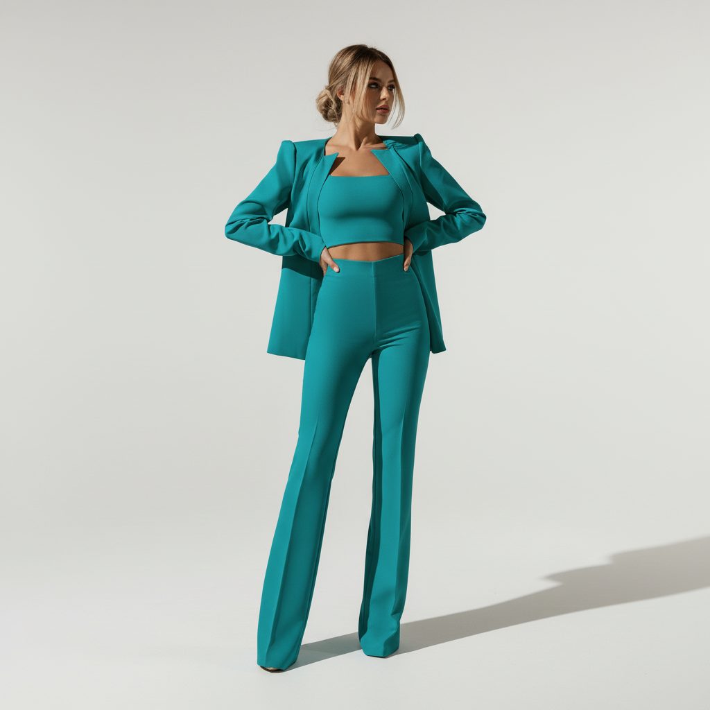 Cropped Zip-Up Blazer and High Waist Wide Leg Trousers Set for Women - View 6