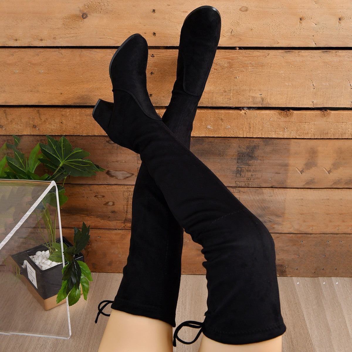 Suede Thigh-High Slouchy Boots with Block Heel for Women