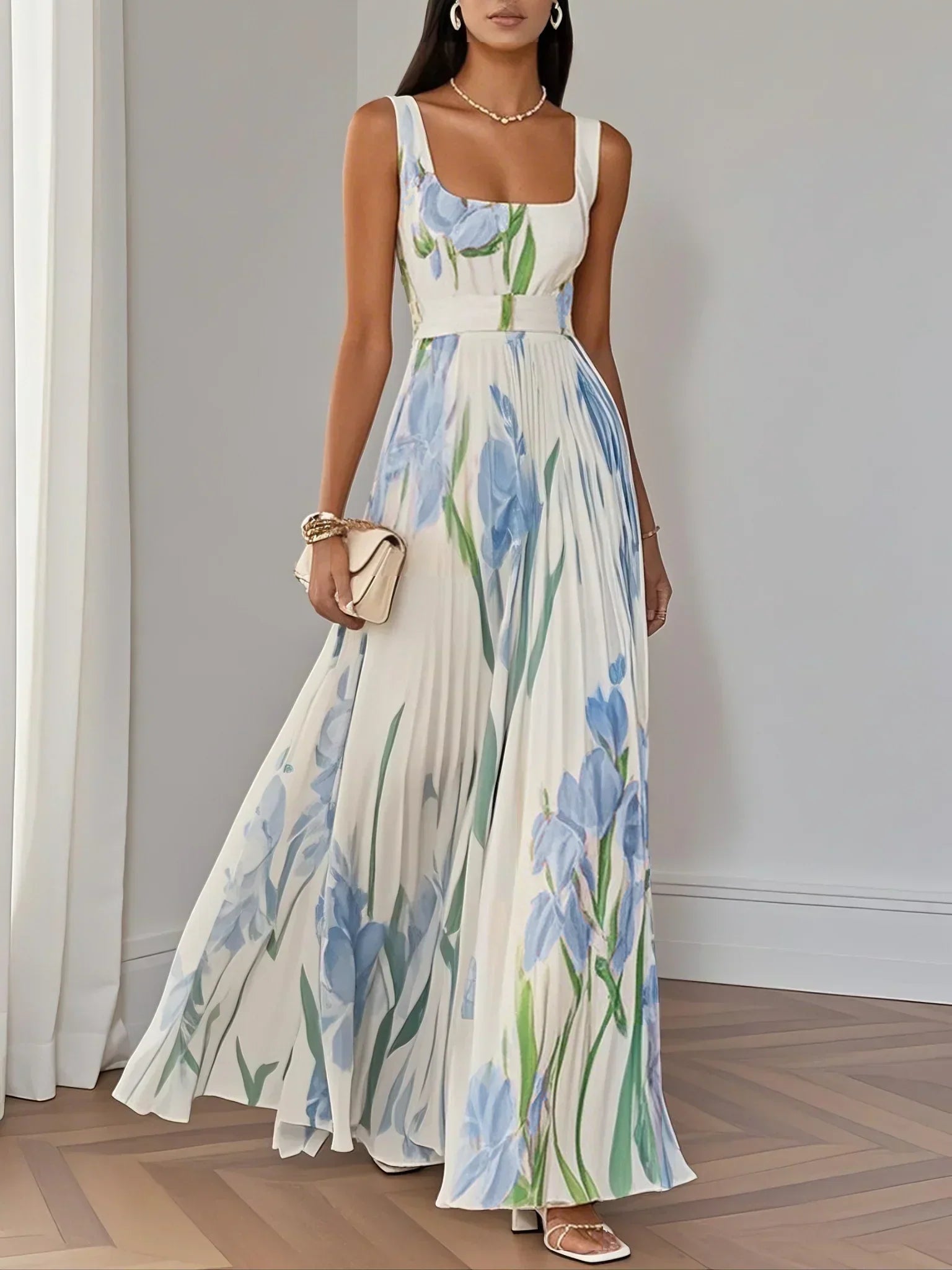 Pleated Floral Maxi Dress for Women